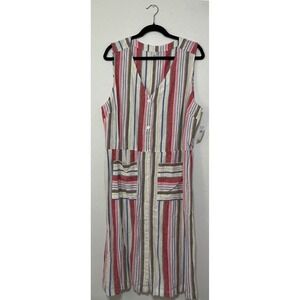 Old Navy Stripe Sleeveless Button Front Dress Linen Blend Pockets Size XL Beachy